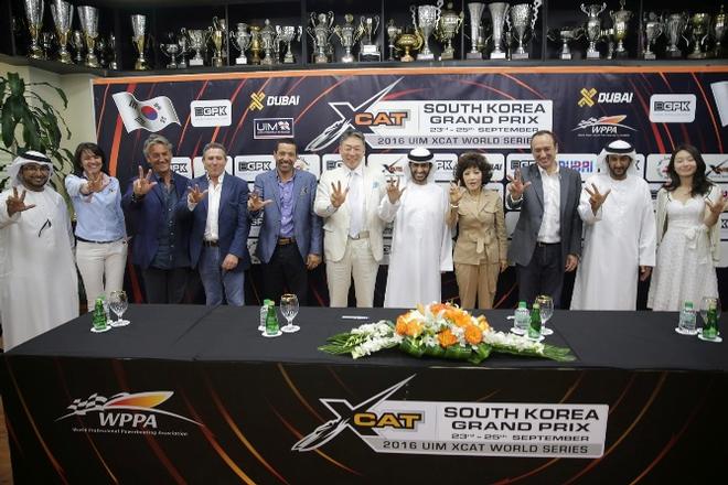 Members of the World Professional Powerboating Association (WPPA) and the Preparatory Committee for the South Korea XCAT GP at a press conference held in Dubai today to announce the event. © Karien Jonckheere